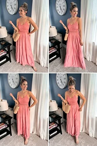 Dokuritu Womens Pink Dress Crochet Lace Maxi Dress Solid Color Boho Vacation