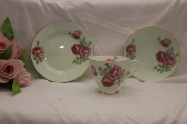 10274T Vintage Balfour China Tea Trio Cup & Saucer  Tea Plate Pale Green & Pink