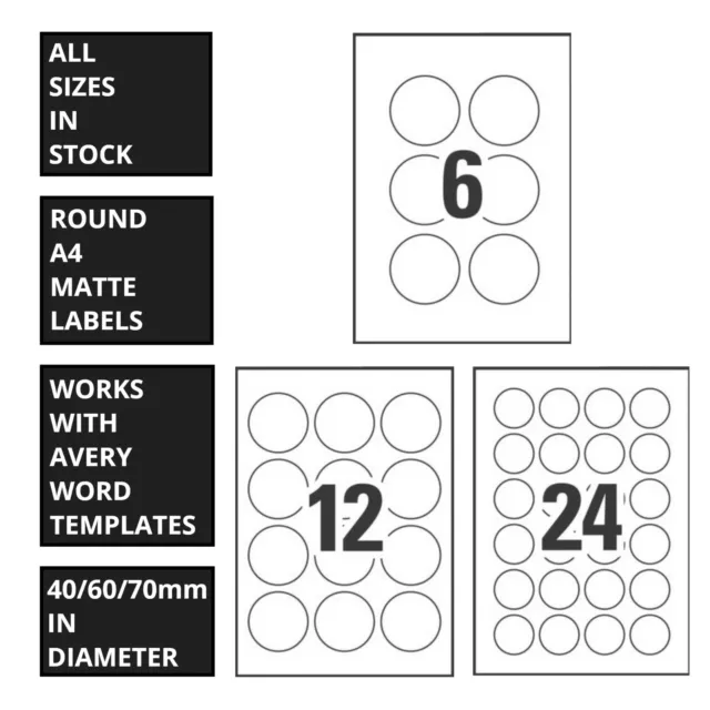 Round A4 Self Adhesive Labels Laser Sticker Mailing Address 6 12 24 Per Sheet