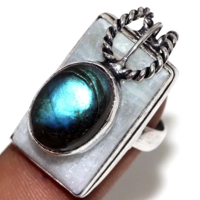 925 Silver Plated-Hememorphite Fiery Labradorite Top Design Ring US Size-7 AU n7