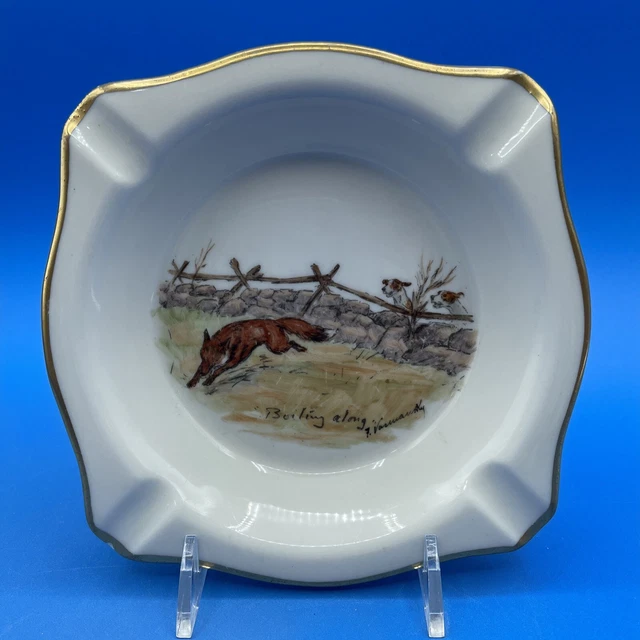 Vintage Hand Painted Fox Hunt Ashtray Fox Chased By Hounds, Artist Signed