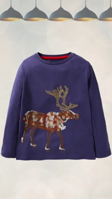 Ex Mini Boden Boy's Embroiderd Festive Superstitch T-Shirt in Blue Reindeer