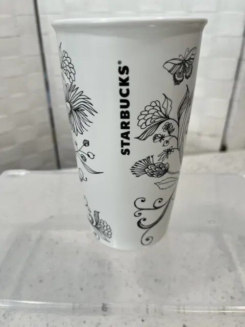 Starbucks 2014 Tumbler Black White Floral Butterfly Ceramic Travel