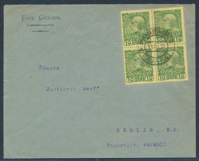 Österreich Post Levante Franz Joseph Viererblock Brief 1910 nach Berlin (9273)