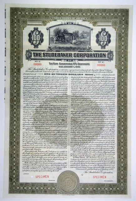 Studebaker Corp., 1935 $100 Specimen 6% Convert Coupon Bond, VF ABNC Rare