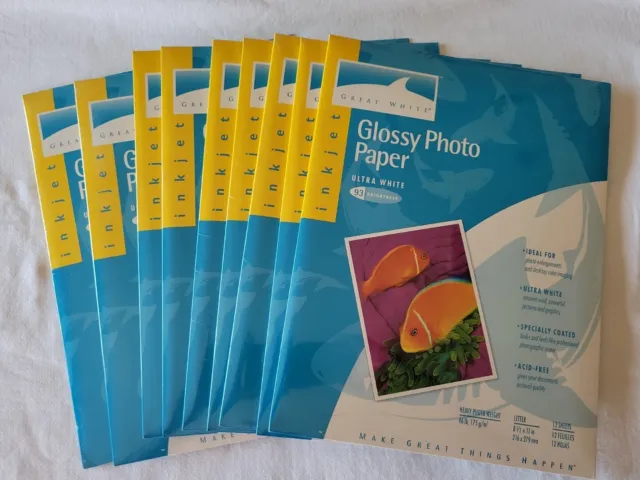 9-12 Pack Great White Glossy Photo Inkjet Paper 46 Lb 8 1/2 x 11 In New Sealed