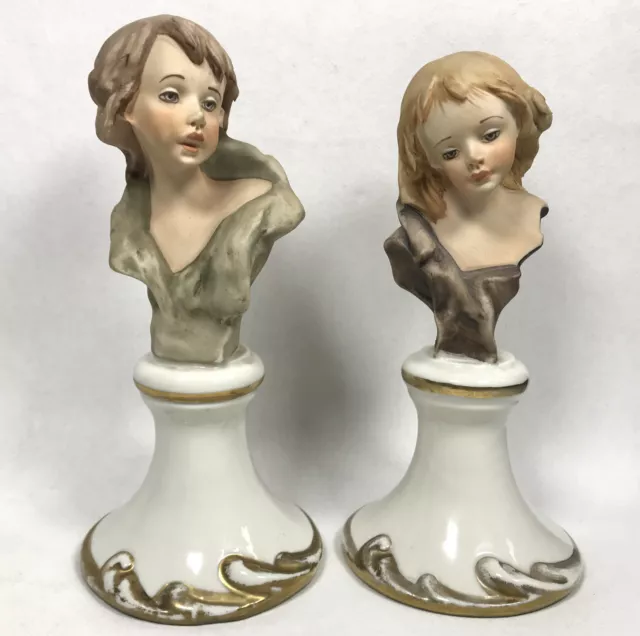 Pair Vintage Nico Venzo Porcelain Figurines Girl And Boy Busts Italy Capodimonte