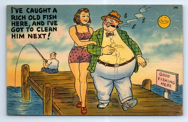 Gold-digger Beautiful Woman Fat Rich Man Comic Joke Linen Postcard 1942