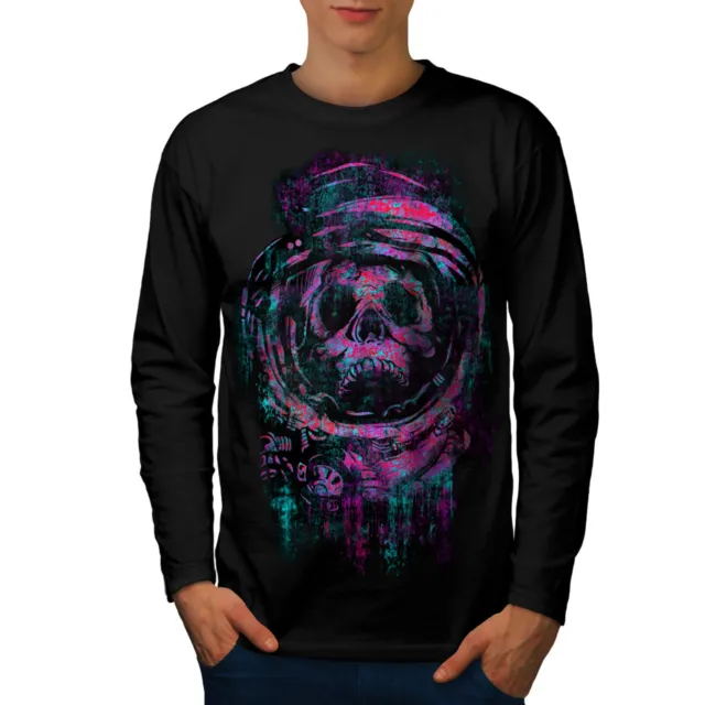 T-shirt Wellcoda Skull Astronaut Space da uomo a maniche lunghe, grafica malvagia