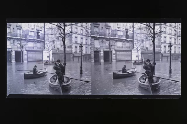 Paris Inondations 1910 Avenue Ledru-Rollin France Photo Stereo Plaque NEGATIF