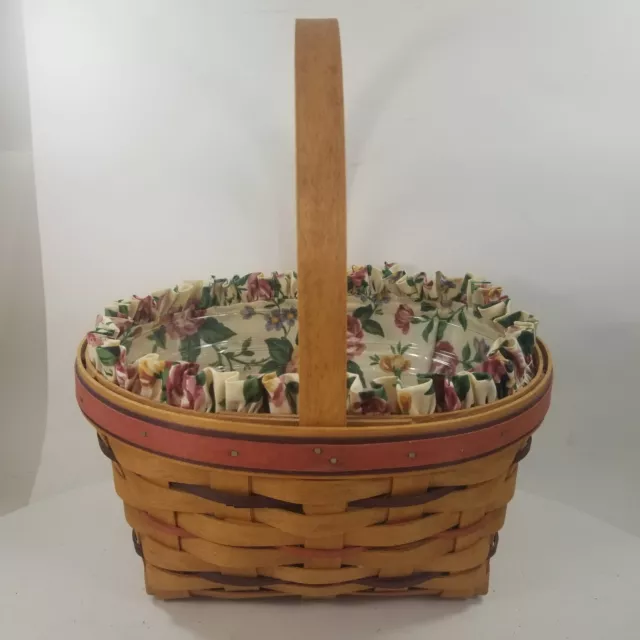Vintage 1994 Longaberger Woven Wood Basket Red Flowers Handle