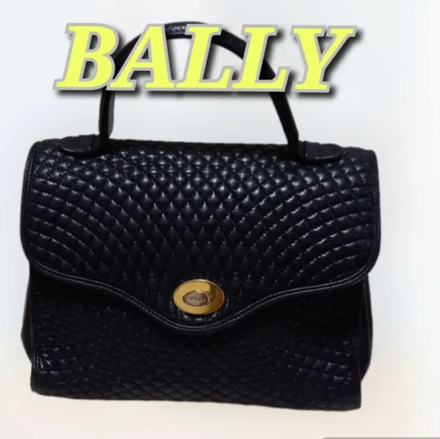 BALLY Women Italy Gold Logo Leather Black Hand Bag Turnlock Quilted From Japan