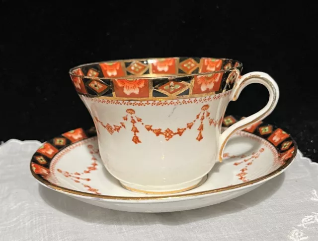Vintage Royal Albert Crown China Teacup and Saucer IMARI Style Black Orange 1917