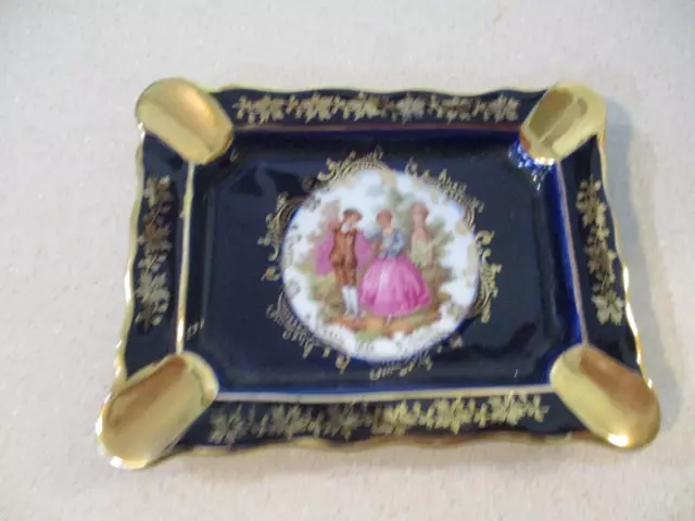 Limoges cobalt porcelain Colonial French courting couple painted ashtray