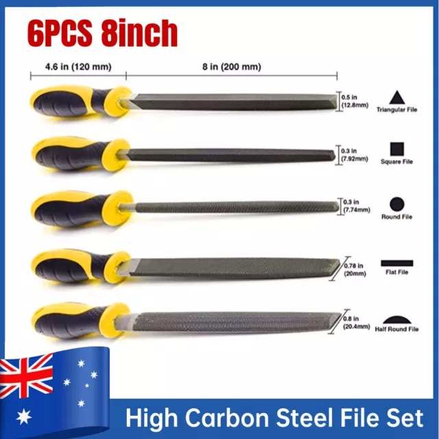 6 pcs 8" Steel File Set Round Square Flat Triangle Files Tool for Woodwork Metal