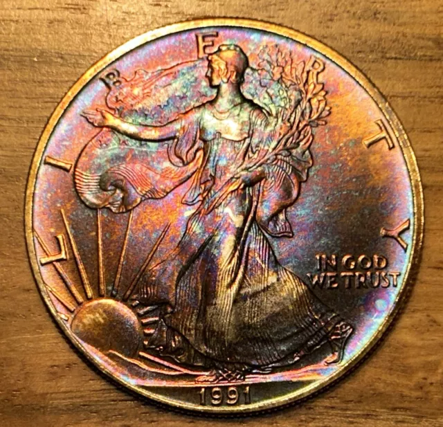 Gorgeous 1991 American Eagle Silver Dollar Rainbow Toned🌈 Rose Gold Indigo 429A