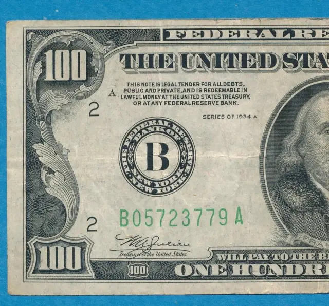 $100.  1934-A  New York  District Green Seal Federal Reserve Note