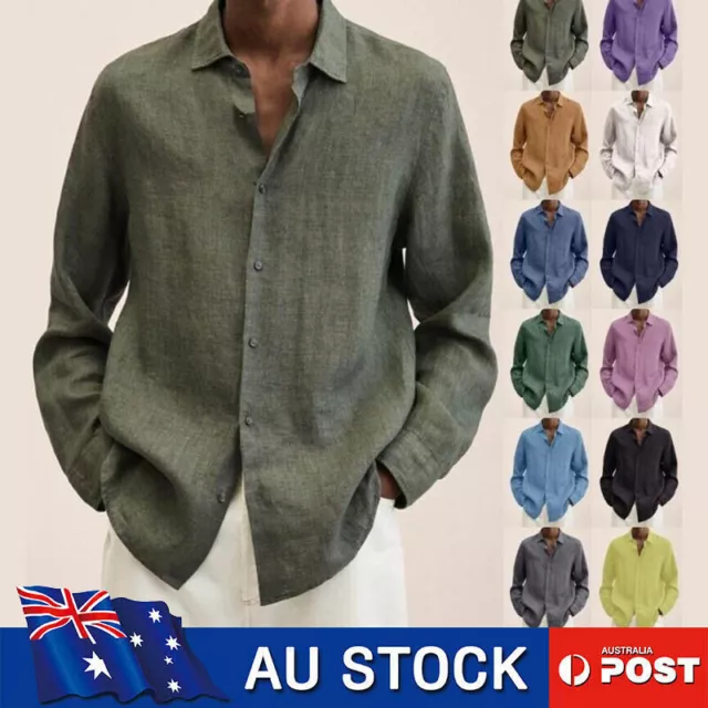 Casual Men Cotton Linen Shirt Long Sleeve Loose Blouse Button Down  Shirts-Tops
