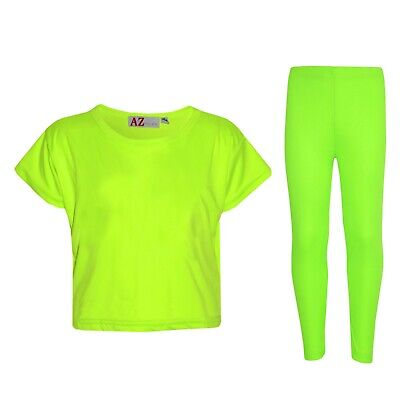 Bambine Top Tinta Unita Neon Verde Elegante Crop Top & Leggings Moda Set di 5-13 anni