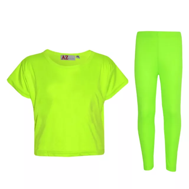 Kids Girls Top Plain Neon Green Stylish Crop Top & Fashion Legging Set 5-13 Year