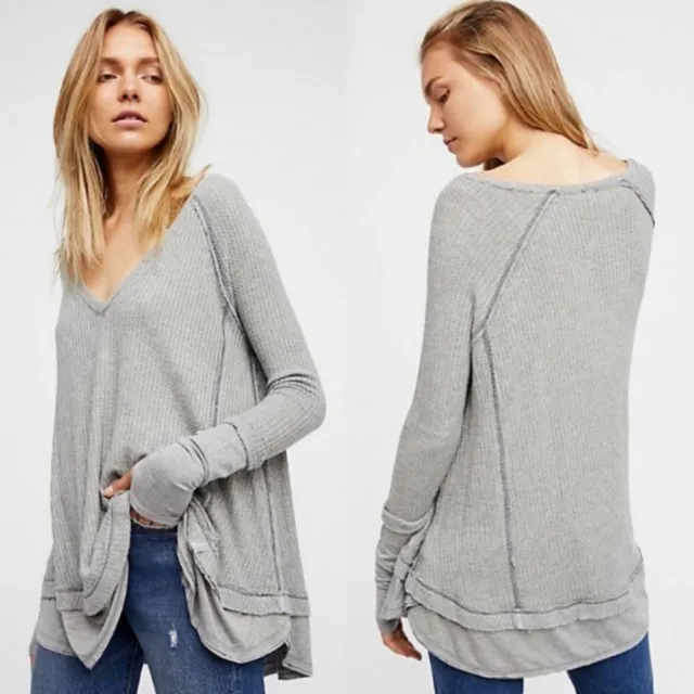 Free People Laguna Waffle Knit Thermal Grey Lightweight Size XS Bohhemian Top