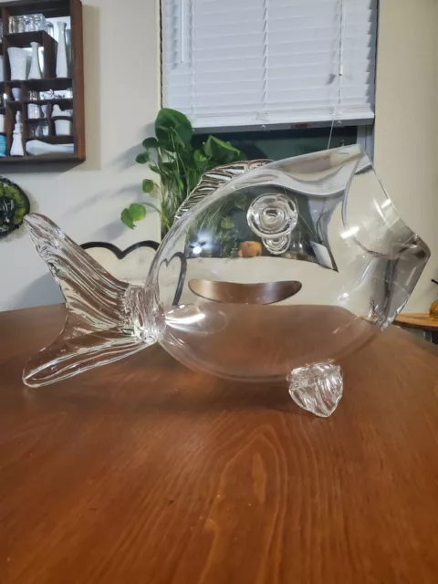 Vintage Large Mid-Century Blenko Style Clear Glass Fish Vase Bowl Hand Blown