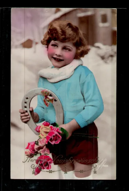 Postcard New Year congratulations, photo colored, child horseshoes flowers, small format