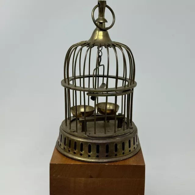 Vintage Solid Brass India Bird Cage W/ Hanging Bird On Swing Ring 7" Tall