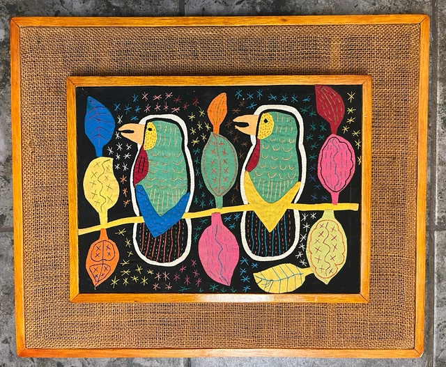 Framed Mola Kuna Textile Art w/ Burlap Parrots/birds 1970's Vintage Embroidered