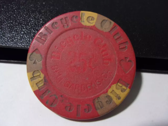 BICYCLE CLUB CASINO 25¢ hotel casino gaming poker chip - Bell, California