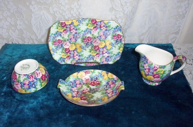 English Royal Winton Grimwades JULIA Floral Chintz Creamer, Sugar & 2 Trays