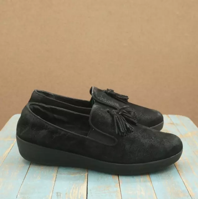FitFlop Womens Shimmer Tassel Superskate Slip On Shoes Sz 9 Black Suede J84-001