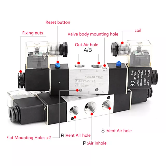 Air Pneumatic Electric Solenoid Valve Kit 2 Position 5 Way DC24V AC220V Aluminum