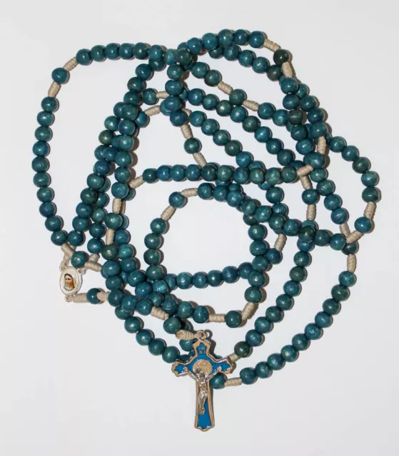 20 Decade Blue Wood Beads Rosary on Cord Holy Rosary of Sacred Mysteries + Card