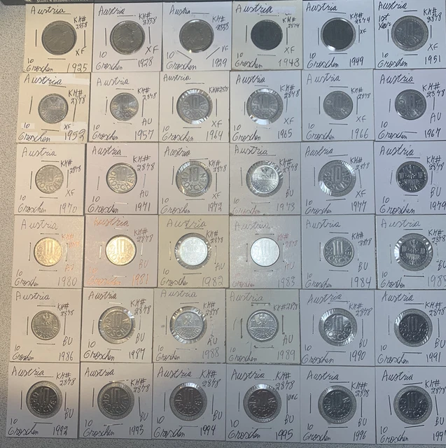 Austria 1925 - 1997 Ten 10 Groschen Very Fine VF - BU Condition 36 Coin Lot