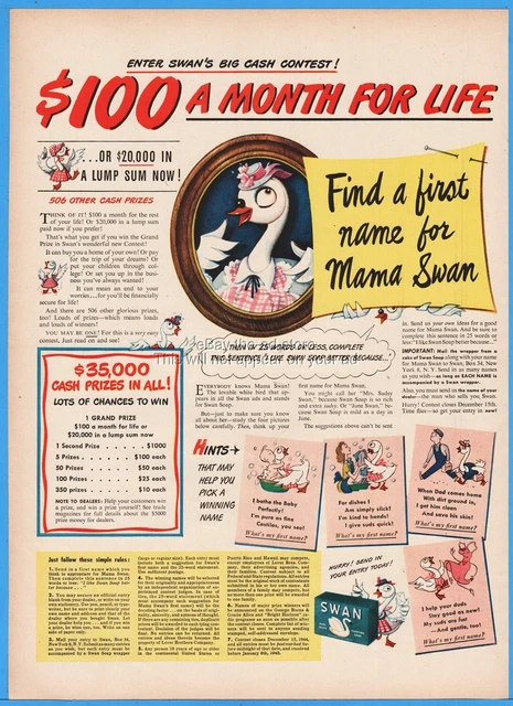 1944 Swan Soap Find a first name for Mama Swan sweepstakes Laundry room decor ad
