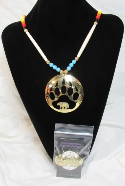 Seminole Creek Handmade Brass Bear Paw & Cutout Medallion Necklace & Earring Set