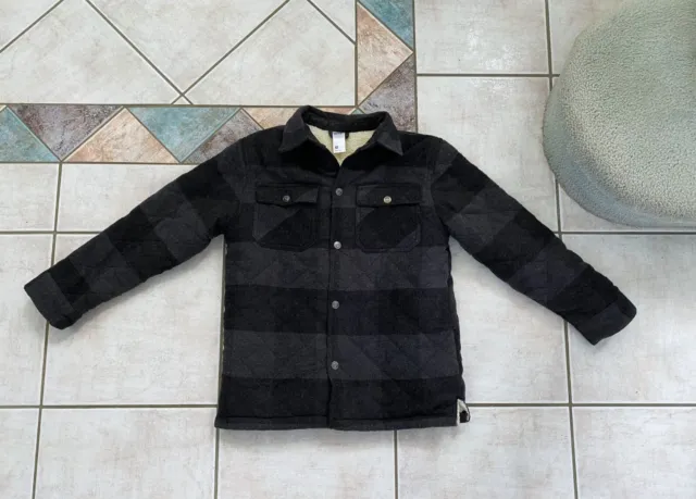 Boys Size 10 Warm Jacket Black Grey Check Fleece Inner Front Pockets Long Sleeve