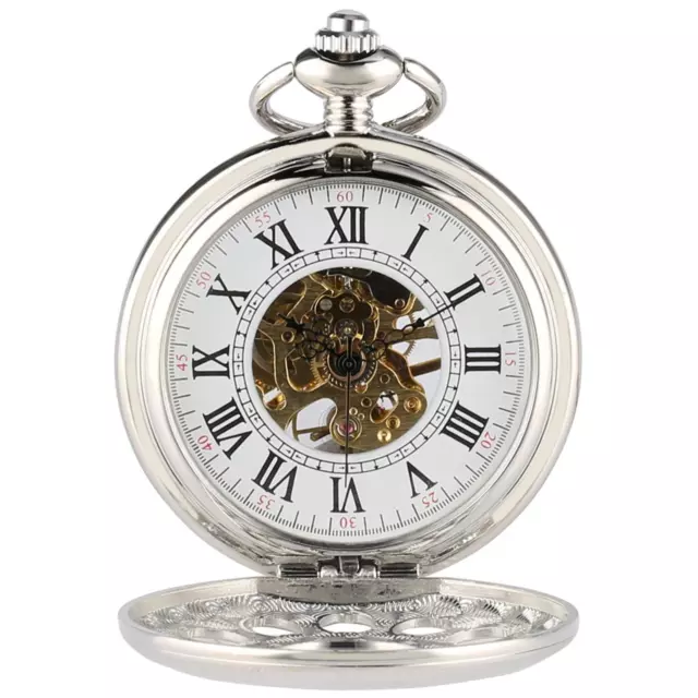 Vintage Hollow Hand-Winding Mechanical Movement Pocket Watch With Fob Chain Gift