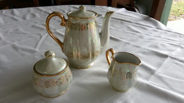 Vintage Kudo Toki Fancy China Lusterware Tea Pot, Sugar And Creamer Trim Gold