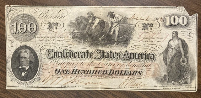 1862 Richmond "$100 Dollars" Confederate States Of America Currency~ Nice Note~