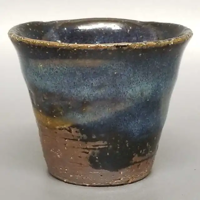 AK78)Japanese Pottery Hagi ware Guinomi Sake Cup Blue glaze  by Seigan Yamane