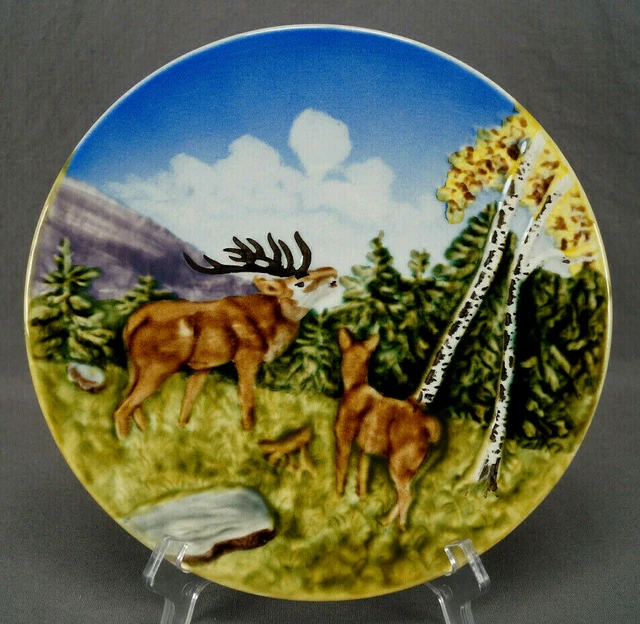 Schramberg Germany Majolica Hand Painted Relief Molded Deer 9 1/2 Inch Plate
