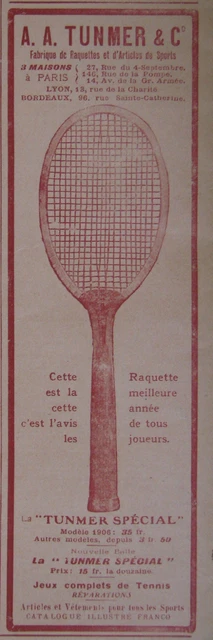 Publicité De Presse 1906 La Tunmer Spécial La Meilleur Raquette De Tennis