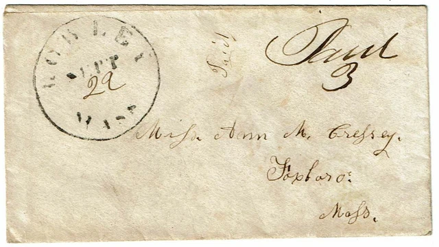 1850's Rowley, MA cancel and PAID 3 on LADIES cover