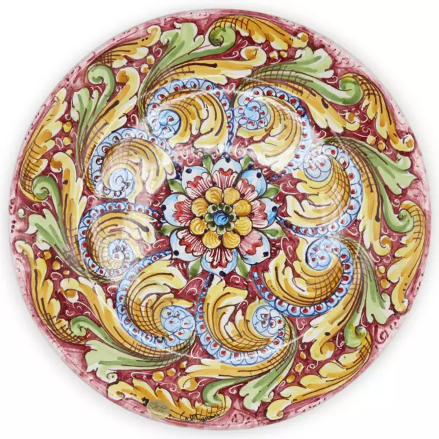 Piatto Ornamentale ceramica Caltagirone, Ø 37 cm ca. decoro barocco e fiore su f
