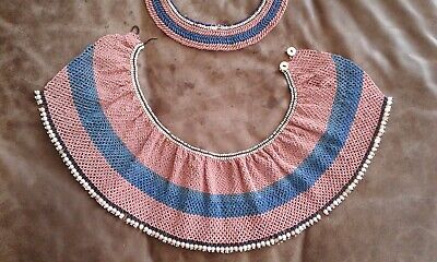 Set Of 2 Antique Tribal Xhosa Pink Blue White And Black Beaded Necklaces Chokers