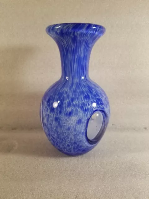 Hand Blown Art Cased Glass Bud Vase Speckled Blue & White  6” T