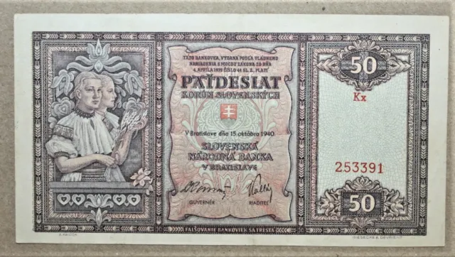 A6 - Slovakia 50 Korun 1940 Extremely Fine + Banknote P. 9 - *** NOT PERFORATED