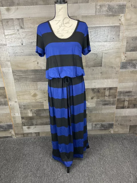 Caslon Drawstring Waist Maxi Dress Black Blue Striped Petite Women's Size LP